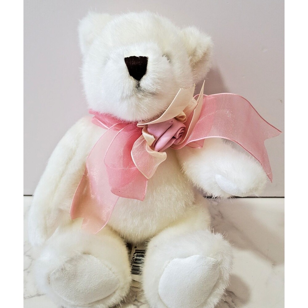 Dan Dee Collector's Choice Plush Teddy Bear White Pink Bow Rose 9" Gift Vintage
